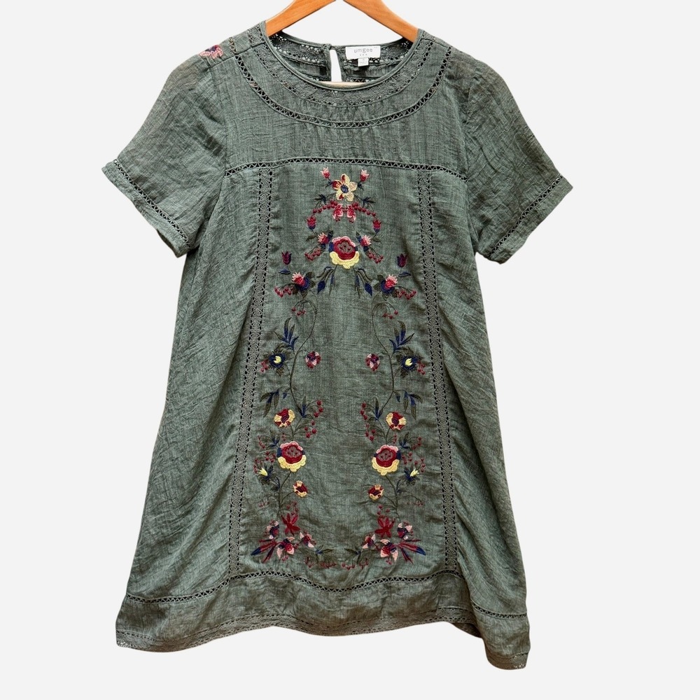 Olive Green Floral Embroidered Mini Dress- Umgee